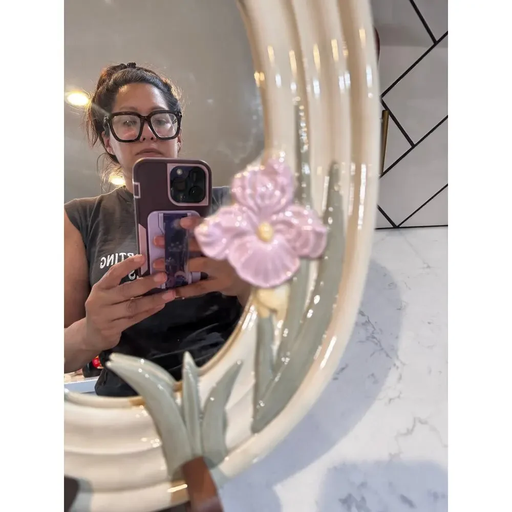 Rare ceramic wall mirror glossy cream finish 3D pink iris flowers green leaves